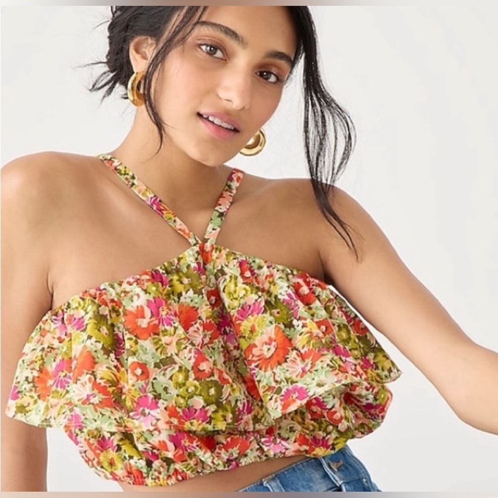 Jcrew ruffle halter top in painted block print.